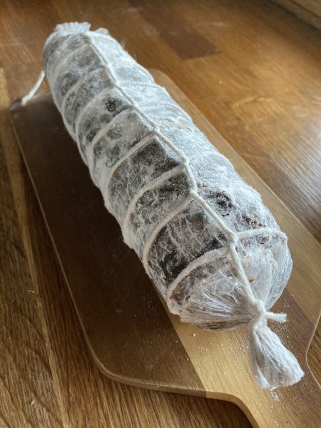 The chocolate salami all strung up and ready for delivery