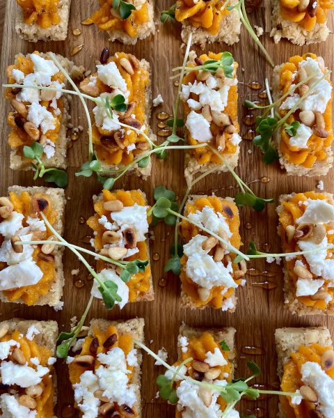 Walnut shortbreads with butternut squash, feta cheese, pine nuts and honey